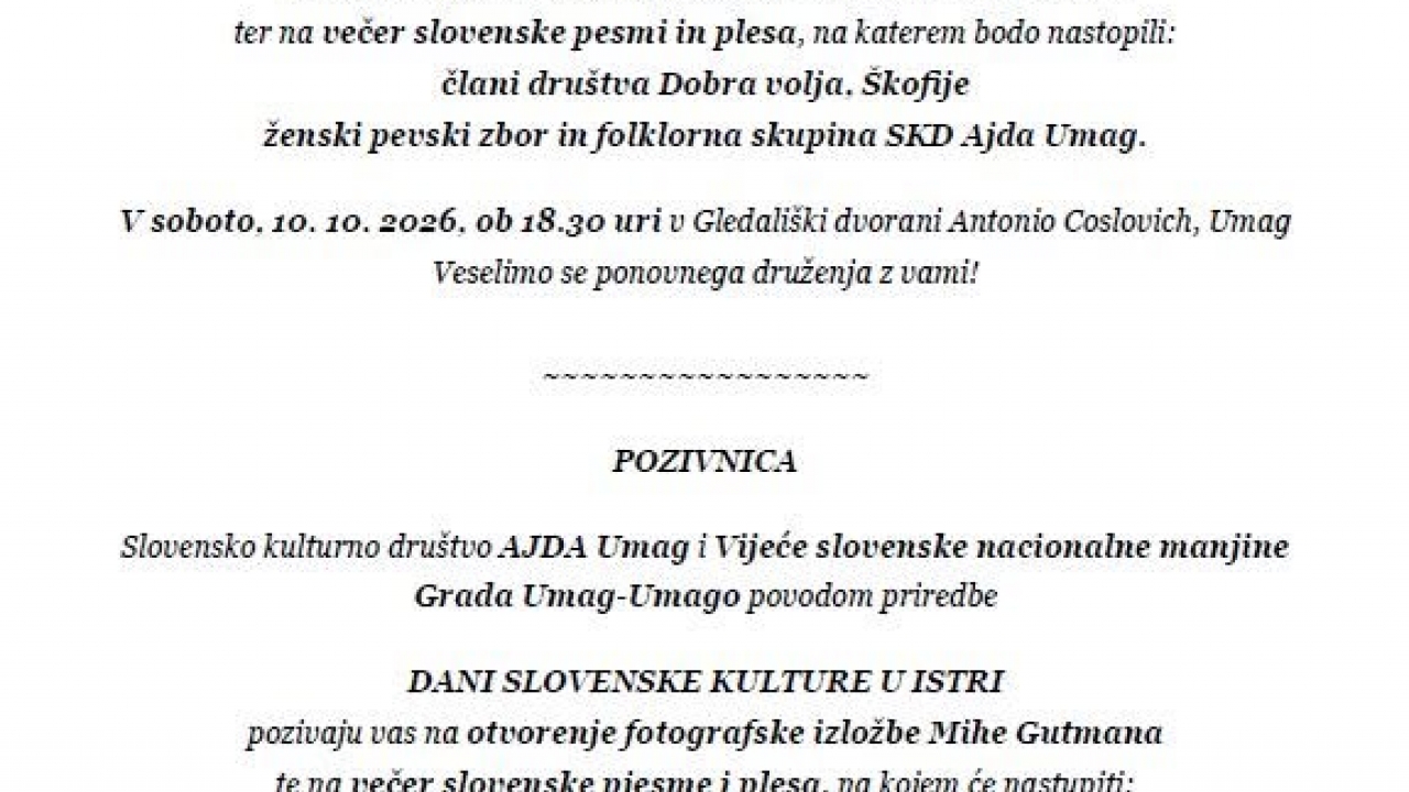 Dani slovenske kulture u Istri: U Umagu izložba, pjesma i ples