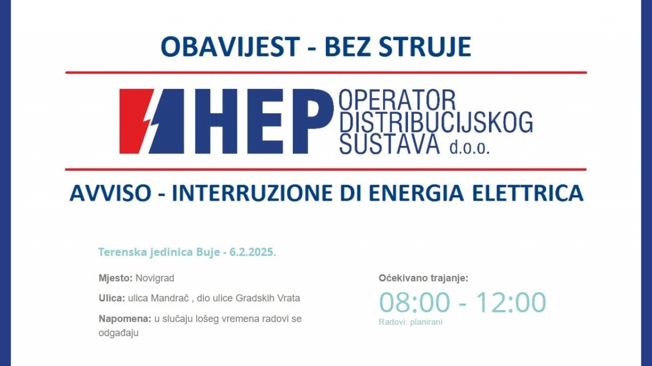 Privremeni prekid struje u Novigradu 6. veljače