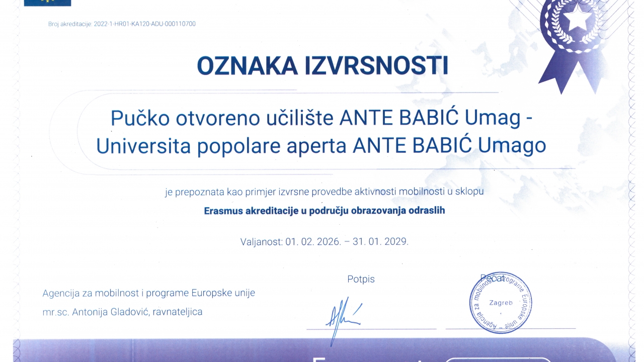   UČILIŠTE UMAG DOBILO OZNAKU IZVRSNOSTI U PODRUČJU OBRAZOVANJA ODRASLIH