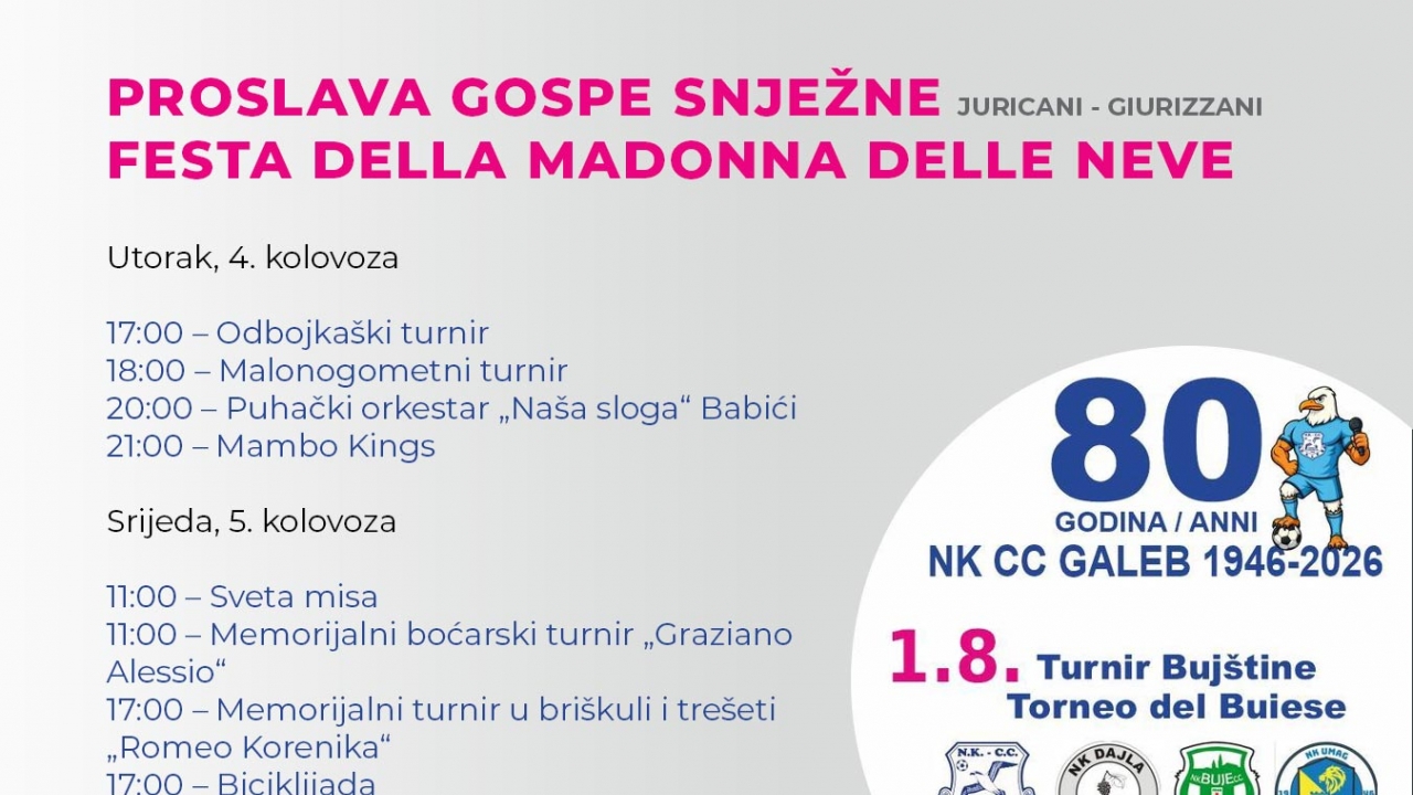 Danas u Juricanima sport i Mambo Kings, sutra središnja proslava Gospe Snježne