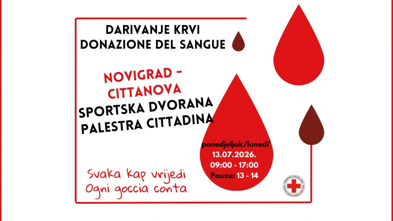 Osma ovogodišnja akcija darivanja krvi u ponedjeljak 13.07.2026. godine u Novigradu
