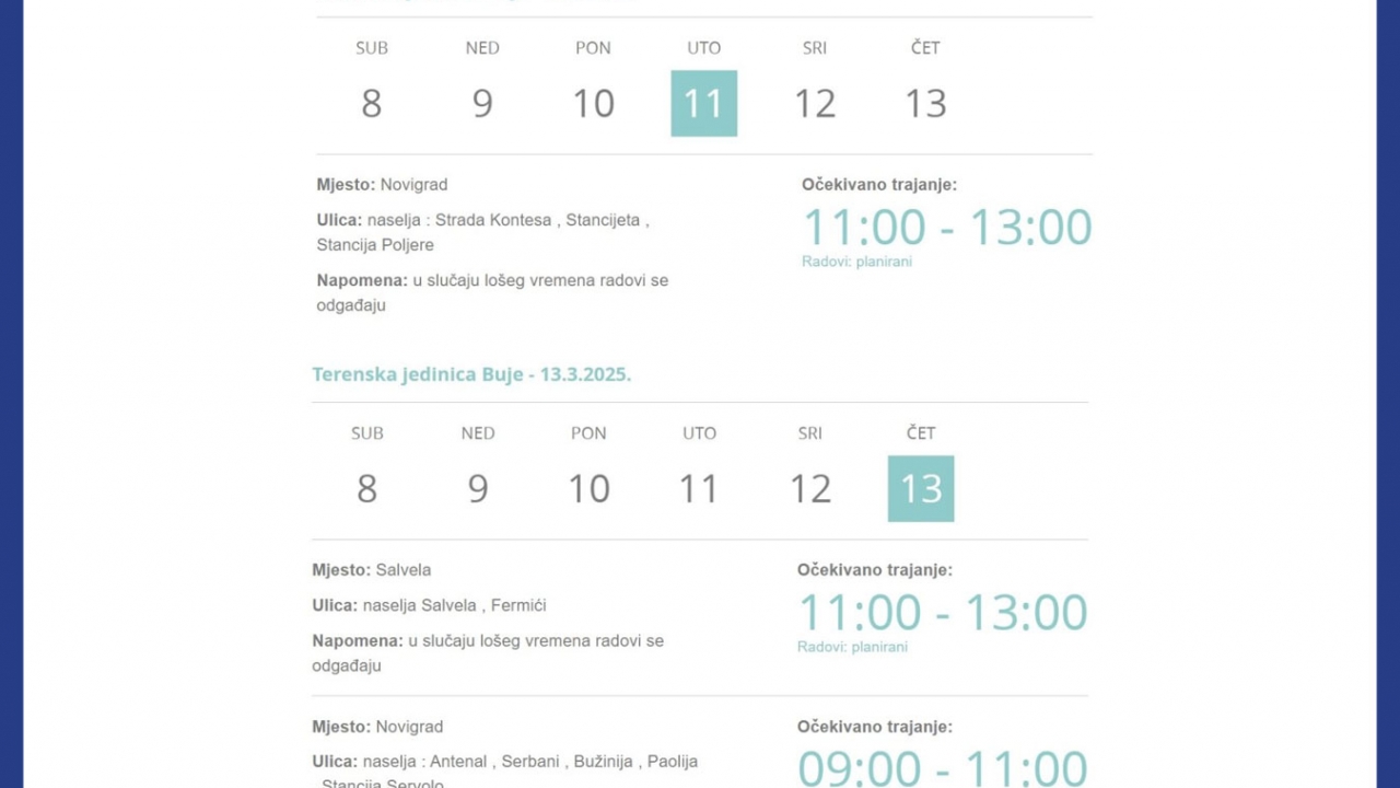 Privremeni prekidi struje u Novigradu 11. i 13. ožujka