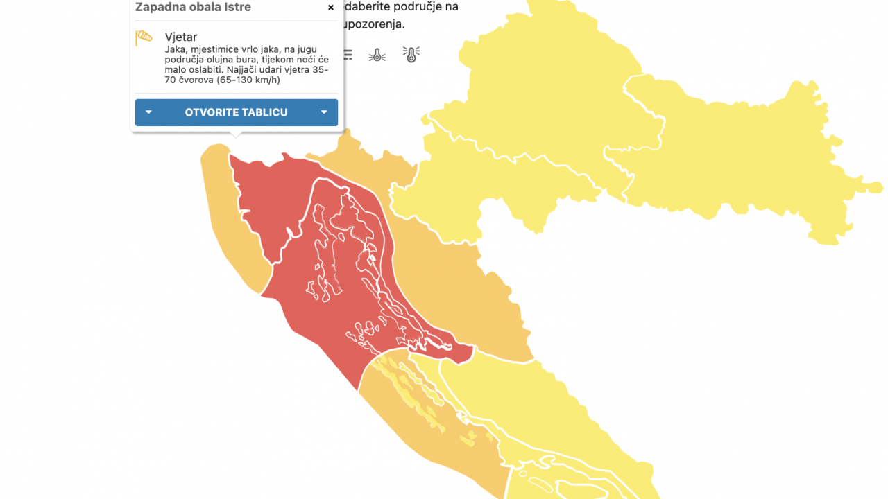 Zbog bure izdan narančasti meteoalarm za zapadnu obalu Istre a crveni za Riječku regiju