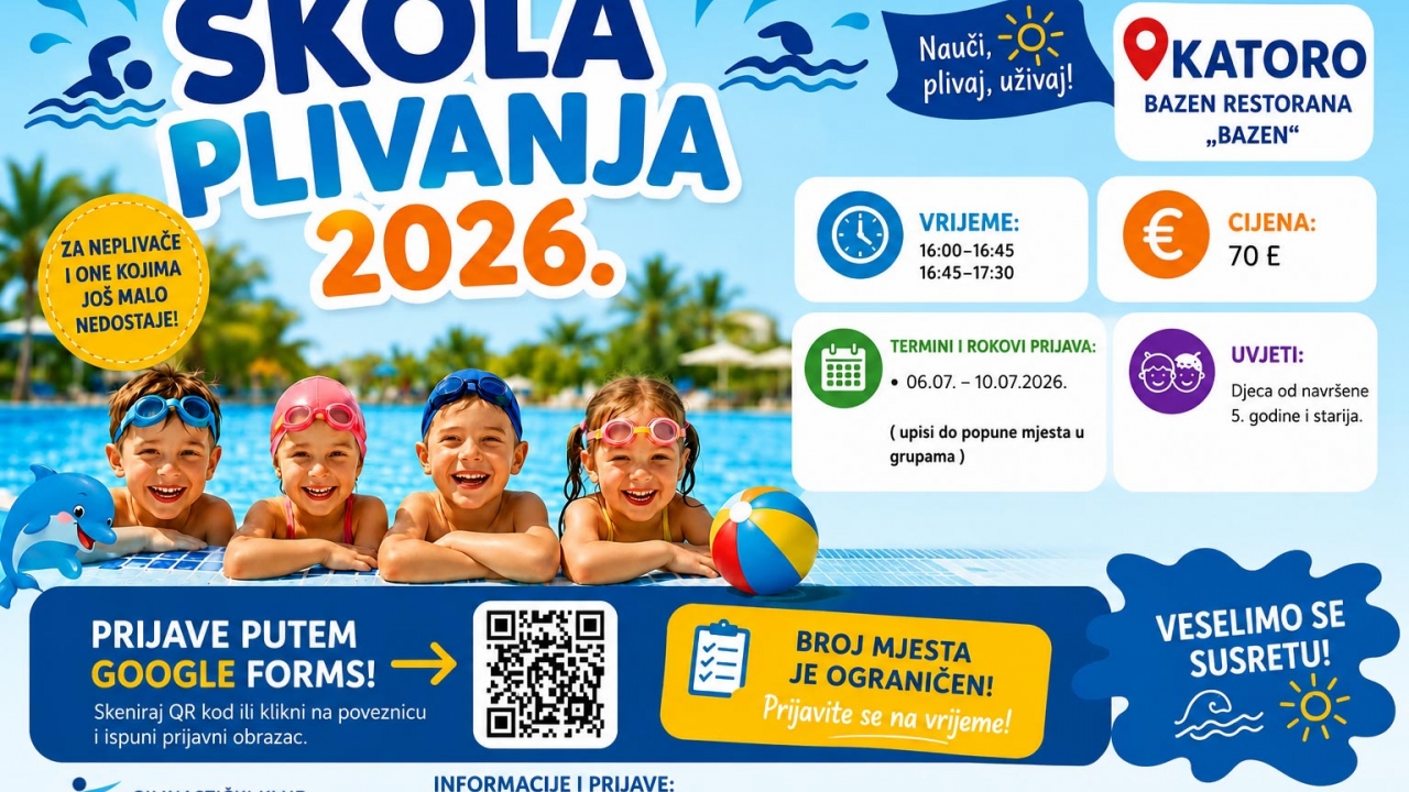 Škola plivanja 2026. u Katoru: još je nekoliko slobodnih mjesta za početnike