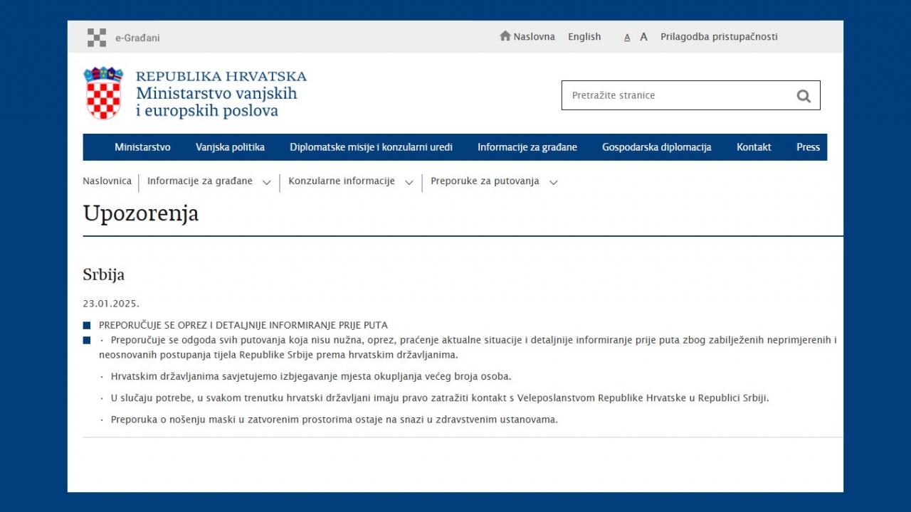 Ministarstvo savjetuje odgodu svih putovanja u Srbiju koja nisu nužna