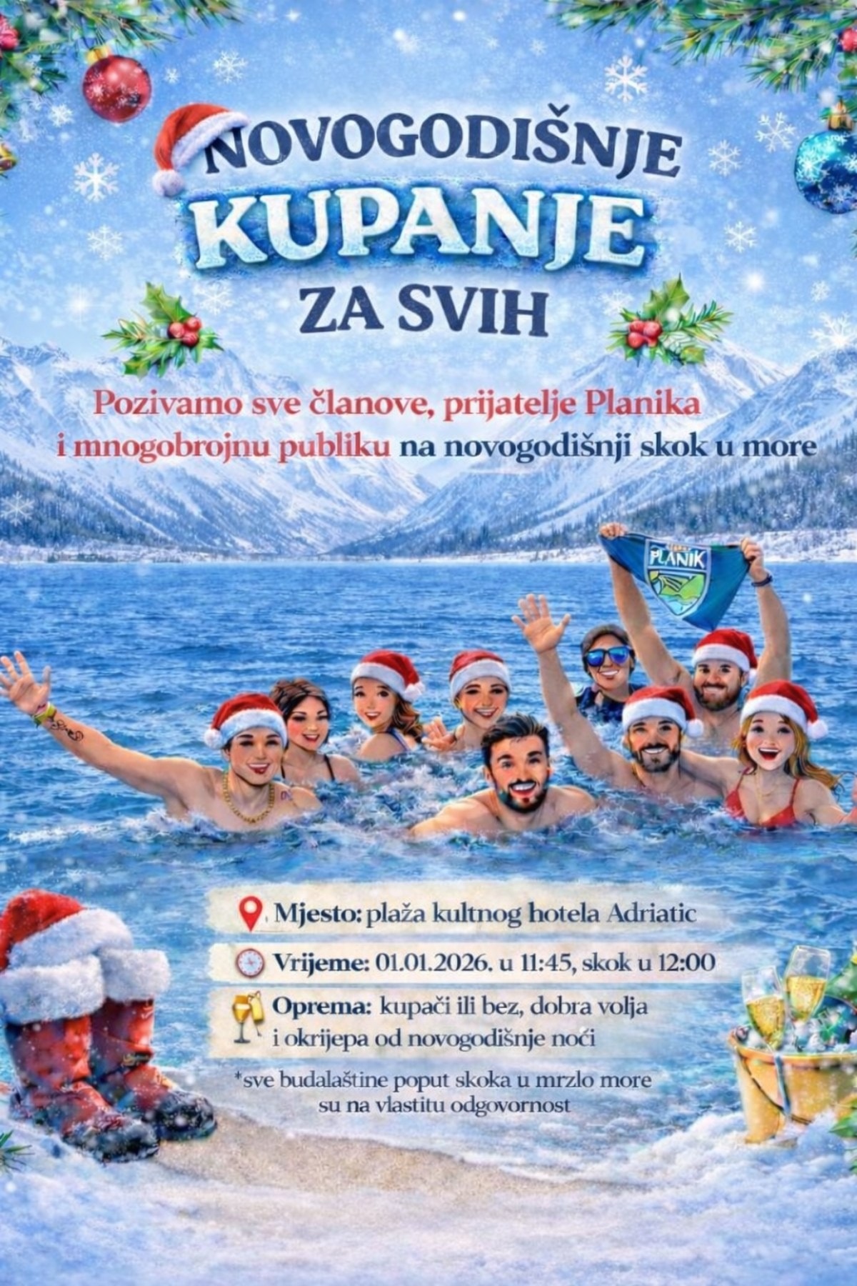 Novogodišnji skok u more na plaži Adriatic prvog dana u novoj godini