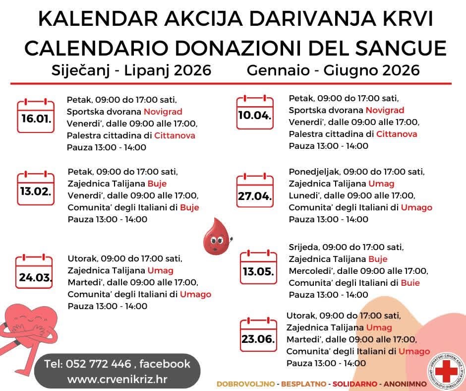 Kalendar akcija darivanja krvi – 2026. 