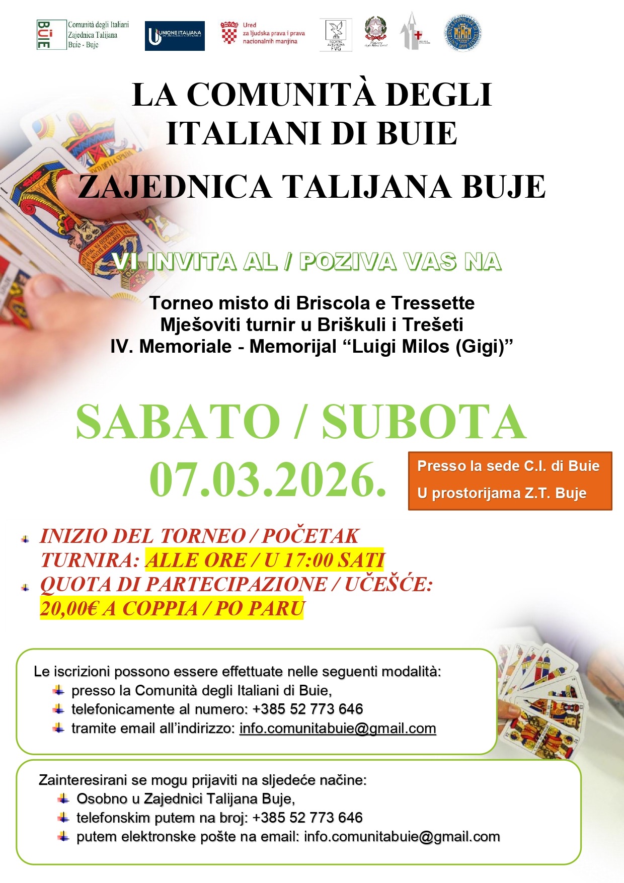 Turnir briškule i trešete u Bujama: Najavljen IV. Memorijal „Luigi Milos (Gigi)“