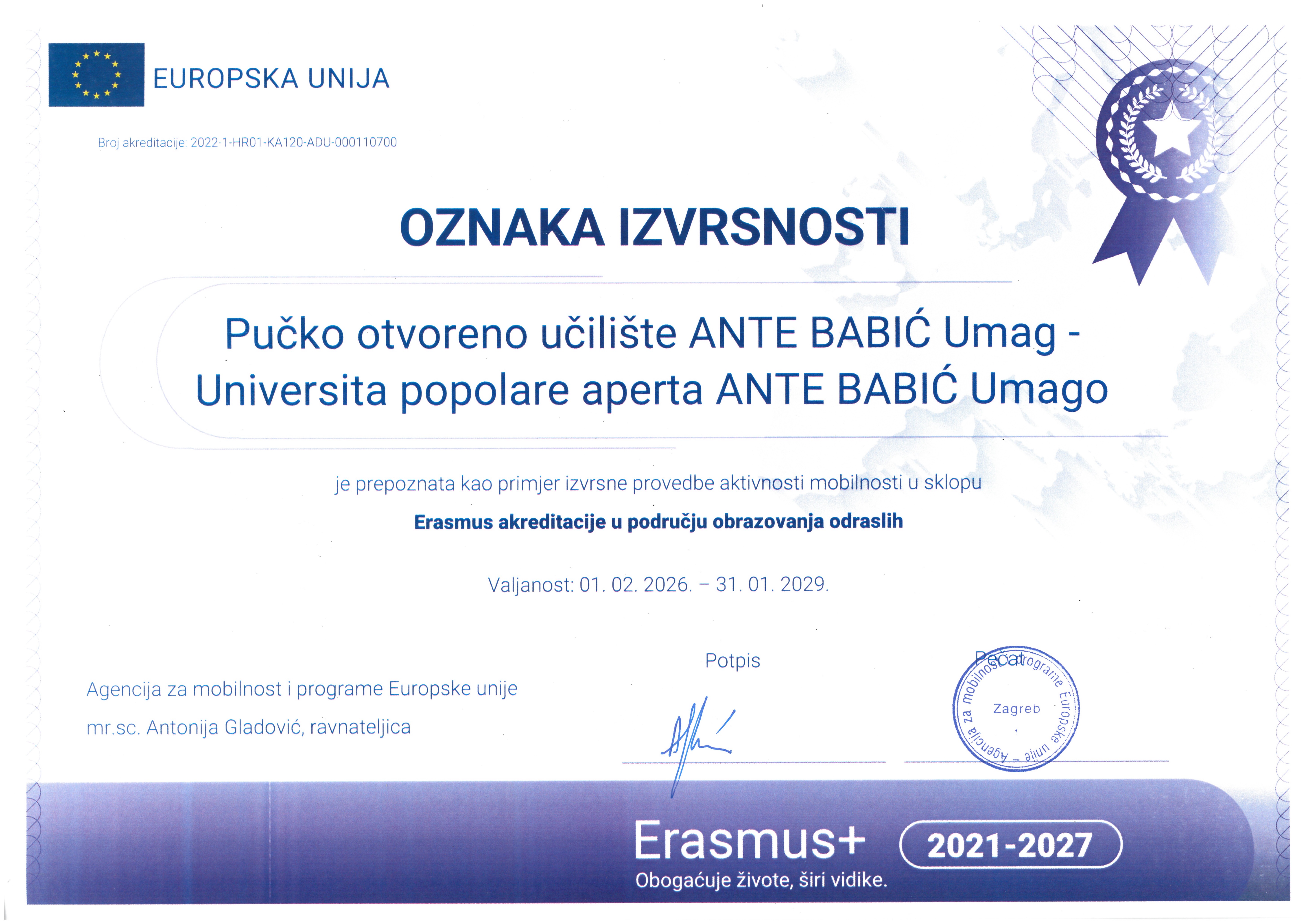   UČILIŠTE UMAG DOBILO OZNAKU IZVRSNOSTI U PODRUČJU OBRAZOVANJA ODRASLIH