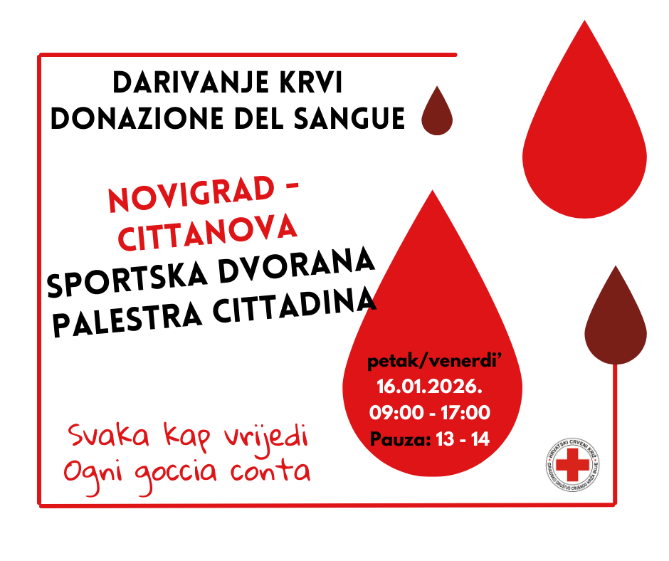 Prva ovogodišnja akcija darivanja krvi u petak 16.01.2026. godine u Novigradu